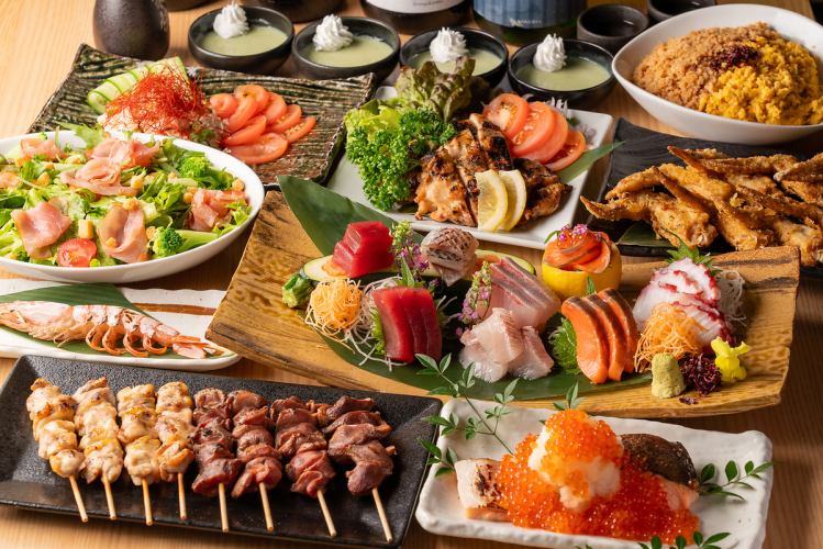 [2 hours all-you-can-drink included for 4,000 yen (4,400 yen including tax)] Authentic yakitori, sashimi, kakiage, and 8 other dishes + all-you-can-drink Asahi draft beer