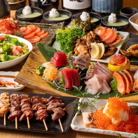 [5,000 yen including tax with 2 hours of all-you-can-drink] 8 dishes including creative chicken dishes from a yakitori restaurant and sashimi, plus all-you-can-drink Asahi draft beer