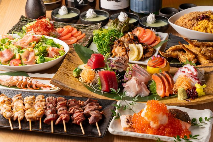 [5,000 yen including tax with 2 hours of all-you-can-drink] 8 dishes including creative chicken dishes from a yakitori restaurant and sashimi, plus all-you-can-drink Asahi draft beer