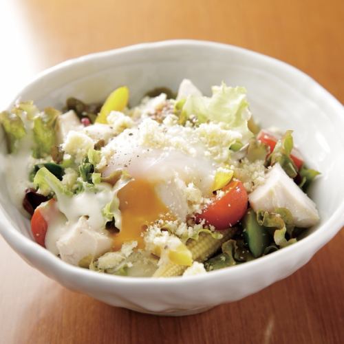 Moist chicken and soft-boiled egg Caesar salad