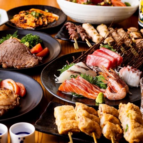 "All-you-can-eat charcoal grilled yakitori & vegetable and meat skewers course" 17 dishes including aged steak and sashimi platter + 3 hours all-you-can-drink 6480 yen → 4980 yen