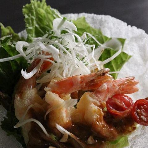 Large shrimp finished with Hatcho Miso and Mayo shrimp with raw fu