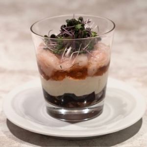 16 Seasonal vegetable mousse and sweet shrimp tartare