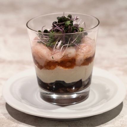 16 Seasonal vegetable mousse and sweet shrimp tartare
