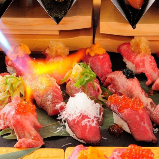 肉類壽司和鐵板烤牛裙牛排等共8道菜品3,500日元含2小時無限暢飲