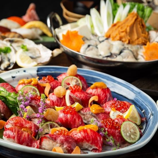 90分鐘無限量暢吃暢飲套餐,包含35種海鮮壽司!加1000日元即可添加9種肉類壽司!