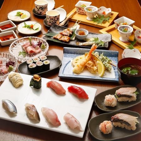 【附無限暢飲】宴會用！8種頂級壽司&薄卷、生魚片、時令菜餚◎主打壽司“江戶前壽司套餐”