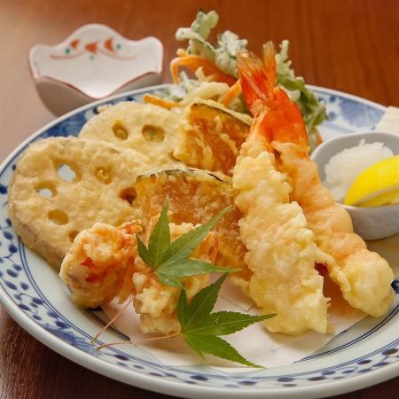 2 angel shrimp and 5 vegetables sake tempura platter