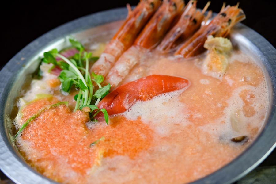 【夏季限定】冷たい貝出汁ジュレと温かい濃厚鍋で二度美味しい◎◆海老の明太とろしゃぶ◆