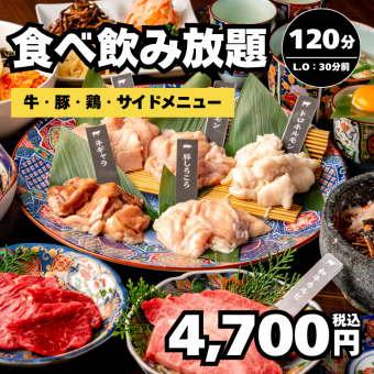 4/30迄・【食べ飲み放題】牛・豚・鶏・サイドメニュー＋2Ｈ飲み放題4,700円！＜歓迎会・送別会＞