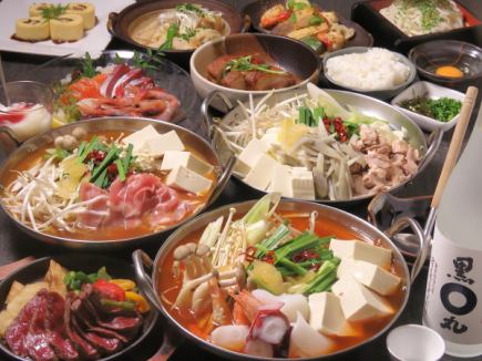 お刺身盛・骨付き鶏・牛ステーキと選べる鍋コース(もつ鍋4種・海鮮、豚チゲ・豚味噌)5000円
