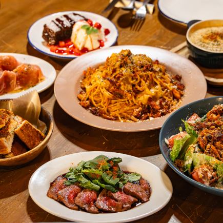 【BBQ料理をパスタでも!】黒毛和牛のローストやUSAバックリブの豪華なパスタ等満足の6品。