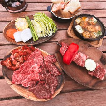 ◆Rooftop terrace BBQ・Wagyu beef course◆Luxurious BBQ including rare reddish-hair steak skewers, A5 Wagyu beef and BBQ spiced pork