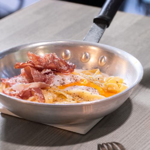 Carbonara with Spanish prosciutto and soft-boiled egg
