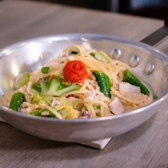 桜鯛と春野菜の明太子ペペロンチーノ