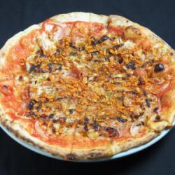 Spicy pizza with roast ham and chorizo