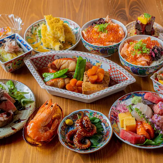 『贅沢コース 8,500円（9品）』金目鯛煮付、真鯛生ちり、穴子の天婦羅など◆2時間飲み放題付