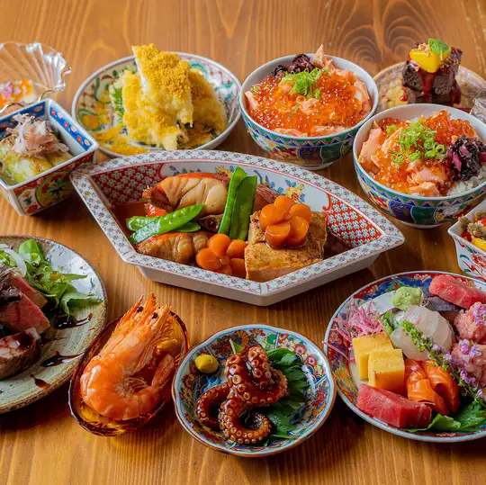 『贅沢コース 8,500円(9品)』金目鯛煮付、真鯛生ちり、穴子の天婦羅など◆2時間飲み放題付