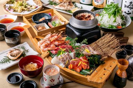 【大満足宴会】３H飲み放題付,豪華鮮魚4種盛+季節野菜　天婦羅,かに釜飯し等11品⇒6500円