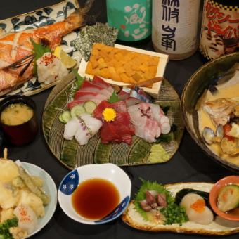 [Includes 1 sea urchin plate!! Miraku's seasonal best course] 6 dishes with 2 hours of all-you-can-drink, 6,000 yen