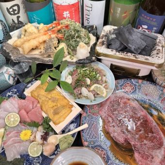 【豪華炭烤牛腰肉涮鍋配海膽套餐】共8道菜品，2小時無限暢飲5500日元