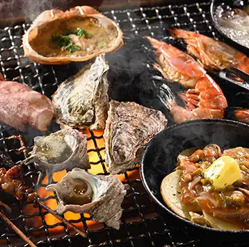【海鮮をその場で浜焼き♪】海鮮セット(牡蠣1ヶ,海老1ヶ,帆立1ヶ,ホンビノス貝150g)