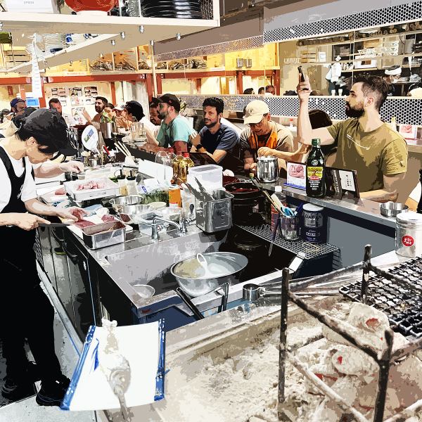 【ライブ感◎囲炉裏を囲むカウンター席】囲炉裏を前に、ライブ感を味わいながらお食事をお楽しみいただける店内カウンターが人気です。また、1階のオープンキッチンを見渡しながら食事を楽しめる2階のカウンターと、1階・2階共にカウンター席をご用意していますのでおひとり様からお気軽にどうぞご来店ください。