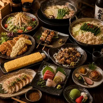 ■ 我們最受歡迎的“Eika套餐”，包含3小時暢飲！包含3道主菜（選擇性）、當地雞肉等（共9道菜）¥5500 ⇒ ¥4500