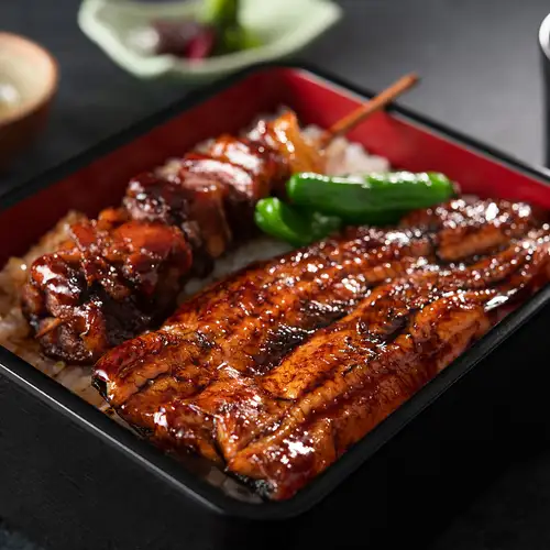 Eel (half a tail) and Kurobuta pork yakitori rice bowl