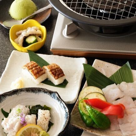 5月1日起：【天然鲜活梭鳗烧烤套餐午餐】享用当季梭鳗，包括烧烤、寿司和天妇罗三种做法！共6道菜。