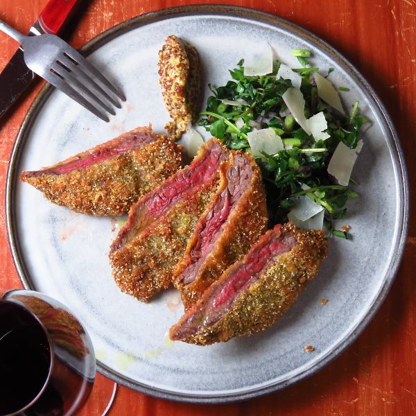 Beef tenderloin cutlet with watercress and mountain wasabi