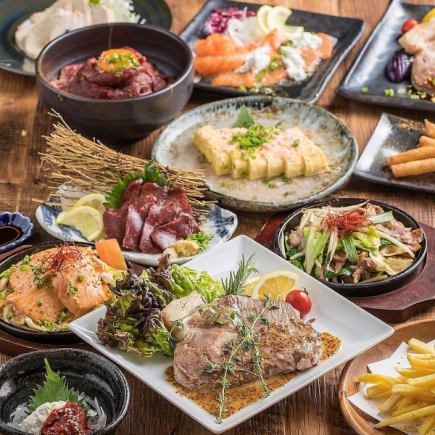 【青屋套餐】包含3種刺身、辣味五花肉鐵板燒或2種牛排等10道菜/含2小時暢飲，4000日元