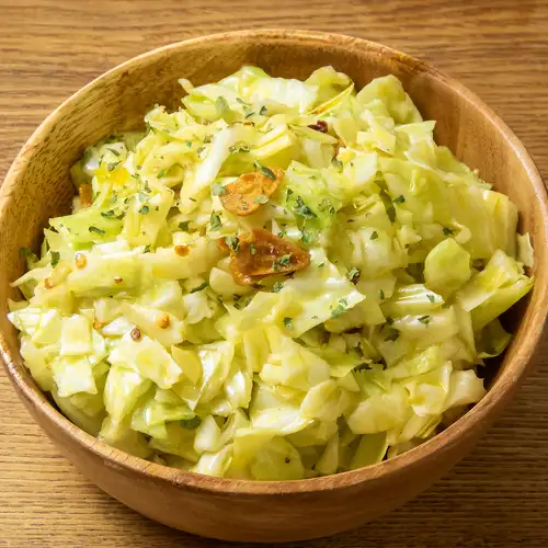 Spiced pickled cabbage with garlic and chili oil dressing