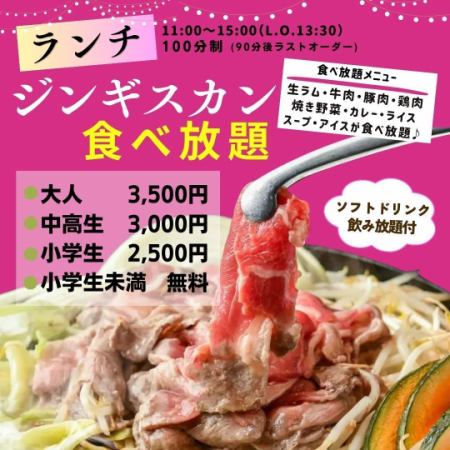 【ランチ】生ラムジンギスカン100分食べ放題コース★3,500円（税込）★ソフトドリンク飲み放題付