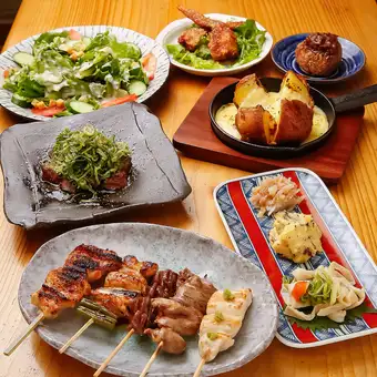 【飲み放題付き】tentenコース◆大山鶏焼き鳥5本や手羽先唐揚げなど全5品