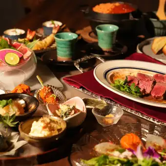 招牌菜冰鎮藍鰭鮪魚與菲力牛排【MIYABI 尊享套餐】：8,000日圓（僅含食物，共8道菜）