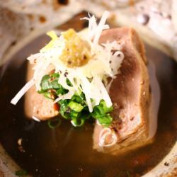 Soft boiled beef tongue with flying fish stock and yuzu pepper