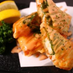 Fresh perilla and cheese chikuwa spring rolls with aurora sauce
