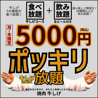 [Monday-Thursday only, 5,000 yen all-you-can-eat] All-you-can-eat Yakiniku Gyu Shige course + all-you-can-drink <120 minutes> OK for one person