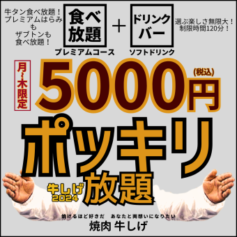 【月-木限定5,000円ポッキリ放題】焼肉食べ放題プレミアムコース+ソフト飲み放題＜120分＞1名OK