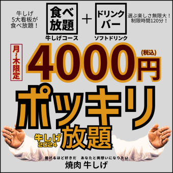 [Monday-Thursday only 4,000 yen all-you-can-eat] All-you-can-eat Yakiniku Gyu Shige course + all-you-can-drink soft serve <120 minutes> 1 person OK