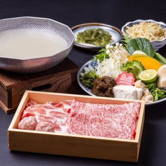 【A5 랭크 흑모 와규와 얀바루 아구의 먹어 비교】 하마 구리와 미야코 섬의 눈 소금을 사용한 소금 샤브