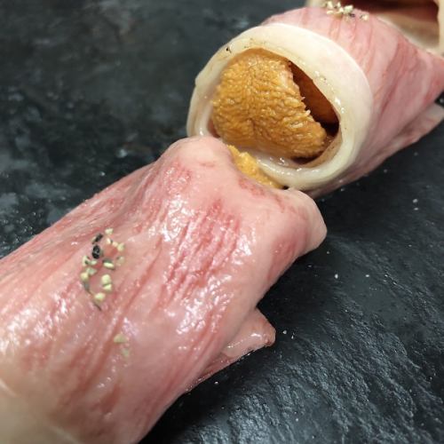 Sea urchin wrapped in meat