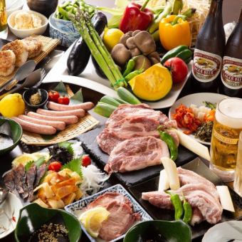 【テラスで豪華BBQコース】３時間飲み放題付6000円◇鹿児島黒豚や夏野菜盛りなど〈全10品〉