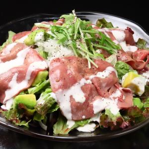 Avocado and beef tongue Caesar salad