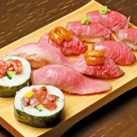 [May only] 2 hours all-you-can-drink, 8 dishes total "Luxurious meat sushi (Yonezawa beef, horse meat) and seasonal vegetables course" 5,500 yen