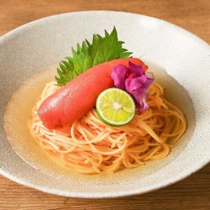 Mentaiko pasta with cold dashi and sudachi citrus flavor