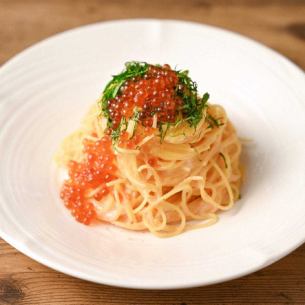 Cod roe cream pasta with salmon roe and shiso leaves