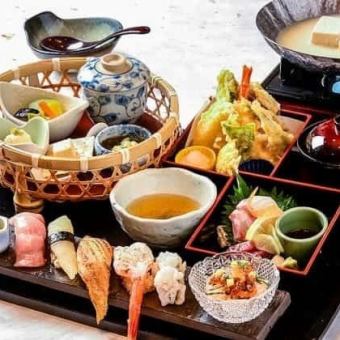 【春季】樱花御膳～高级握寿司、刺身、天妇罗、美人豆腐配豆浆汤～5,200日元（含税）