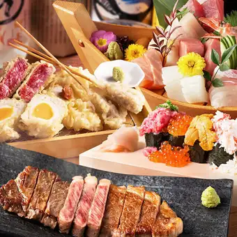 【3H飲放】直送鮮魚刺し大漁盛×和牛ステーキに蟹やねぎとろの逸品含『錦』全9品6880円⇒5800円
